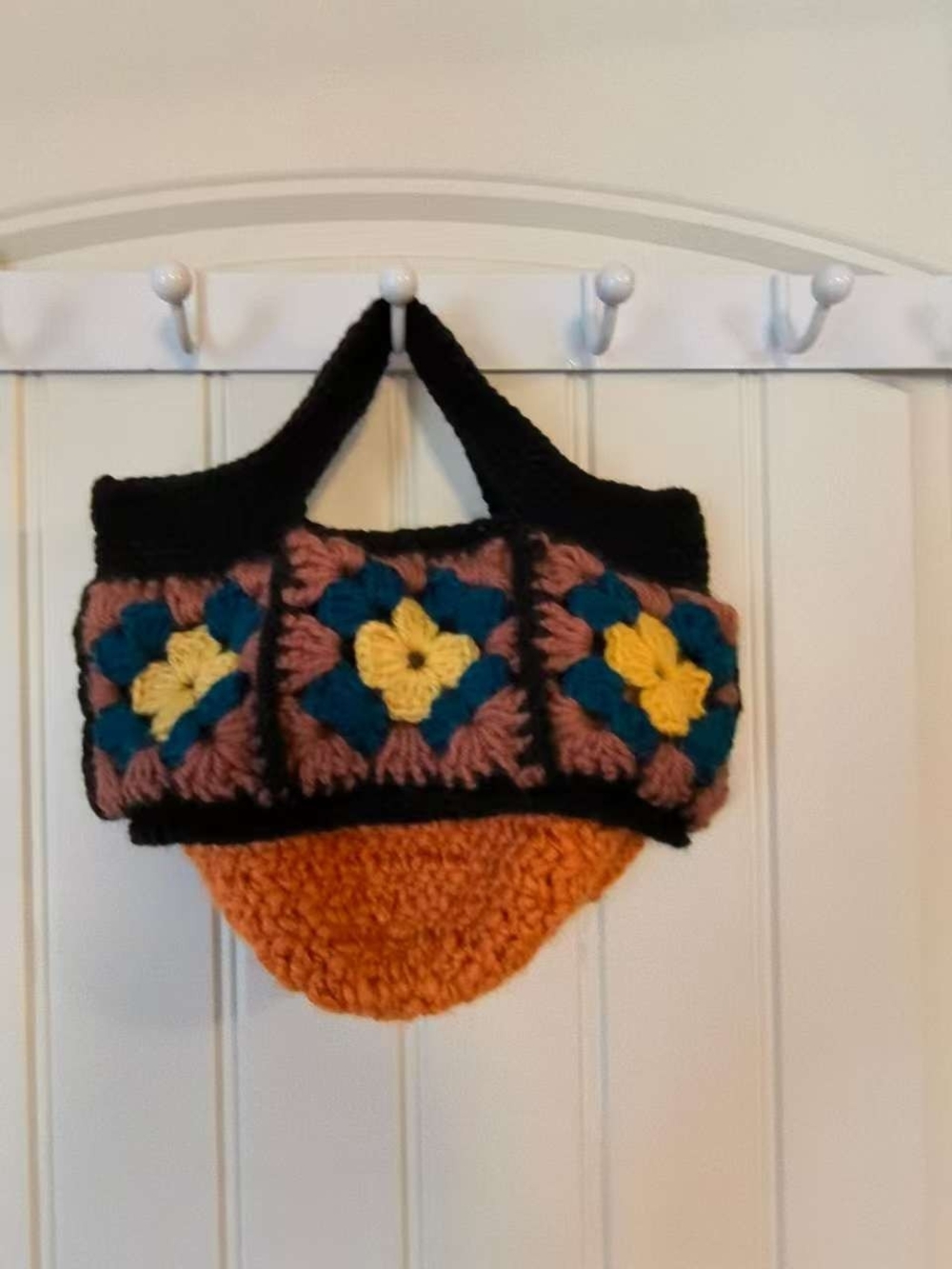 Handmade Crochet Mini Bag in Black, Brown, Teal & Yellow